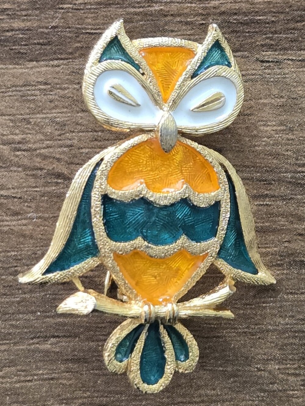 Vintage Gold Tone Enamel Owl Brooch - Green, Orange & White By LG